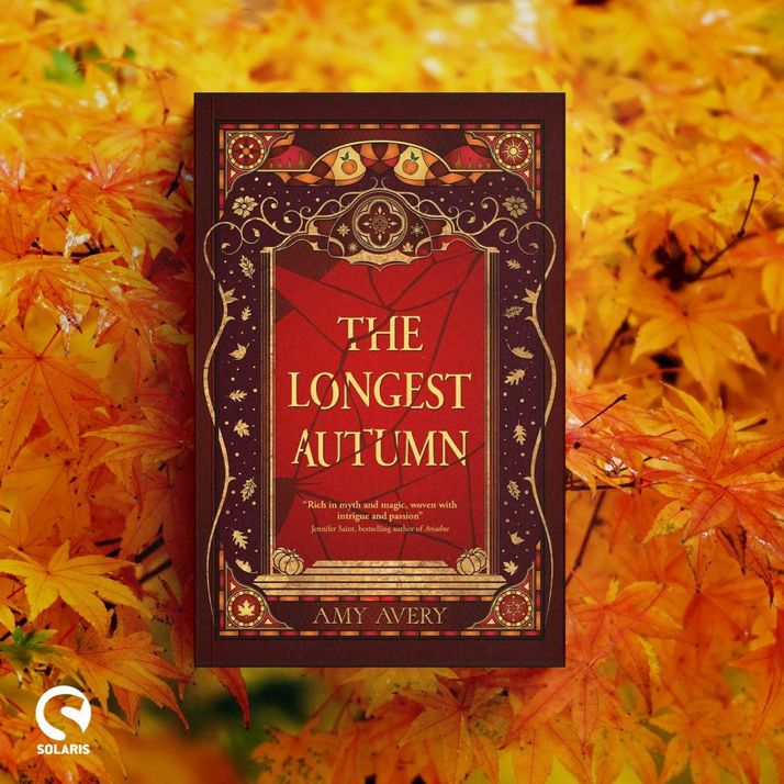Against a background of yellow and orange acer leaves, the book cover for THE LONGEST AUTUMN by Amy Avery. The white Solaris logo is in the bottom left corner.