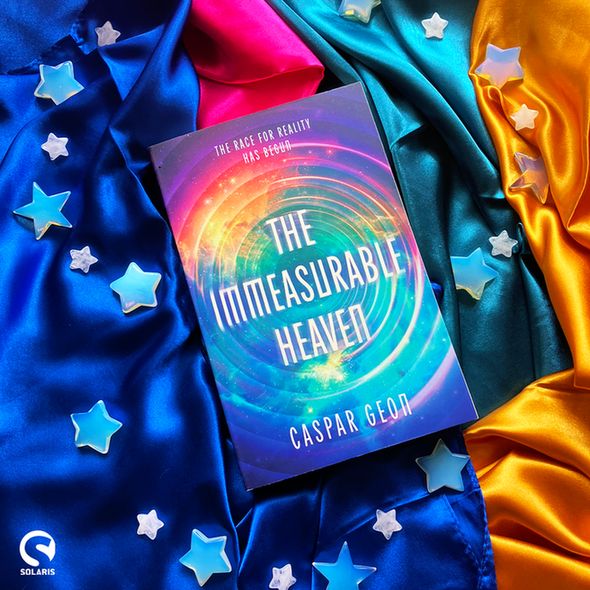 A copy of THE IMMEASURABLE HEAVEN by Caspar Geon laid against multicoloured fabric with crystal stars. The white Solaris logo is in the bottom left corner.