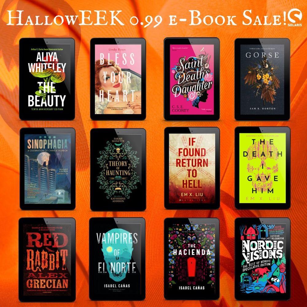 eReaders with book cover for:
THE BEAUTY by @aliyawhiteley
BLESS YOUR HEART by @lindyryanwrites
SAINT DEATH'S DAUGHTER by @csecooney
GORSE by @granite_and_glitter
SINOPHAGIA ed. by @snowpavilion
A THEORY OF HAUNTING by Katherine Addison/Sarah Monette
IF FOUND RETURN TO HELL & THE DEATH I GAVE HIM @emdashliu
RED RABBIT @therealalexgrexian
VAMPIRES OF EL NORTE & THE HACIENDA @isabelcanas_
NORDIC VISIONS ed. by Margret Helgadottir