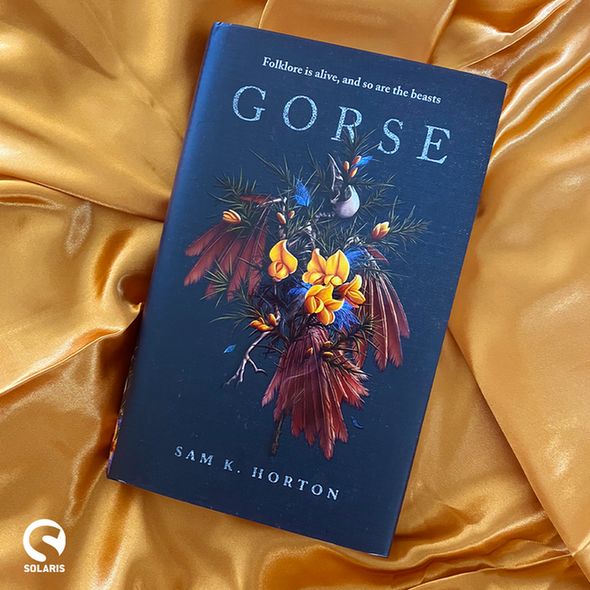 A flatlaid hardback copy of GORSE by Sam K. Horton. The white Solaris logo is in the bottom left corner.
