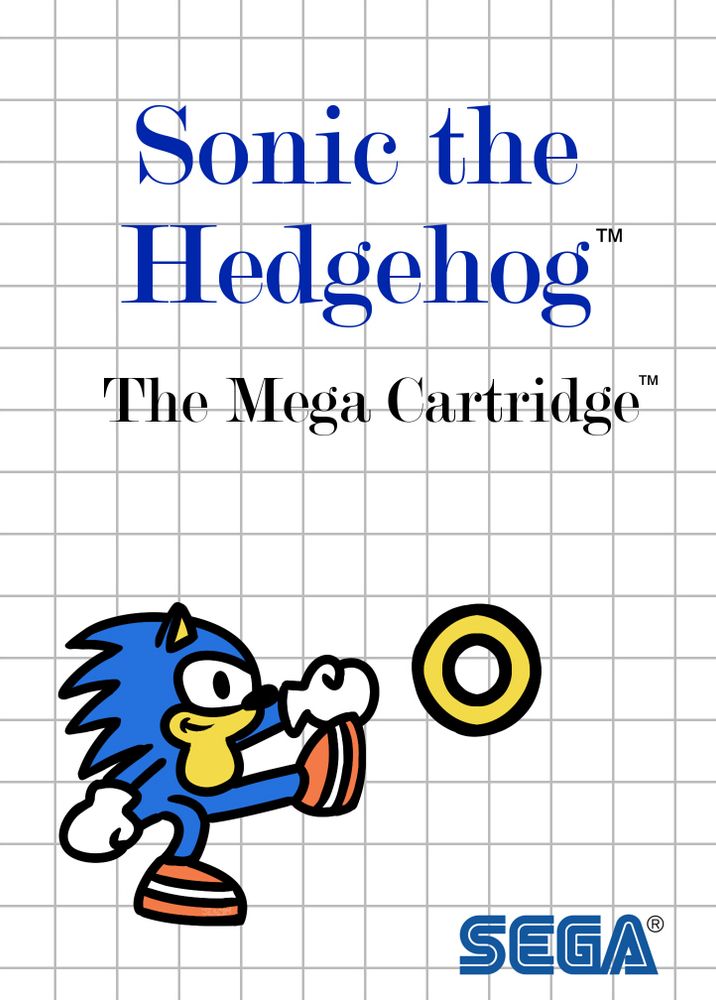 A parody of bad SEGA Master System Box Art, as if Sonic 1 had gotten such treatment. On the standard Master System box art template, a squidgy little Sonic, drawn with a bunch of off-model details as if someone only had a blurry screenshot of the game for reference, is in an ambigiously lame action pose with one arm and leg outstretched, next to a ring.