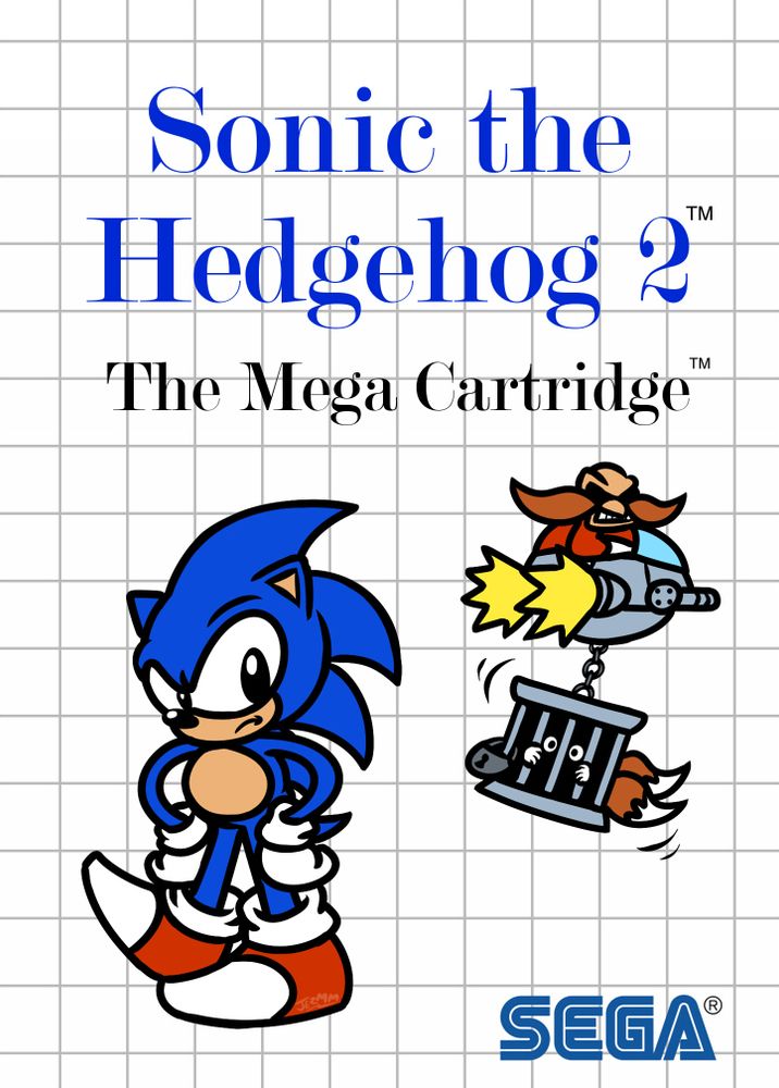 Another parody of bad SEGA Master System Box Art, this time for Sonic 2. This time the artist seems to have recieved a little more guidance - we see a slightly more on-model western Sonic - but still with a few odd incorrect details. He taps his foot and looks impatient as an equally only-vaguely on-model Robotnik steals away Tails, who is mostly just a pair of eyes in a dark cage hanging from the Egg Mobile, with a pair of hands gripping the bars and his two tails sticking out the back.