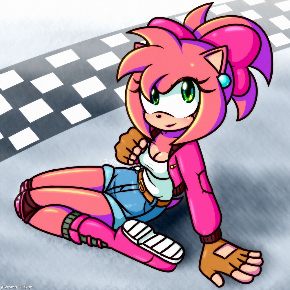 Cartoon illustration of Amy Rose from Sonic the Hedgehog, dressed in Princess Peach's popular "Touring" outfit from Mario Kart World. Detailed Description Follows:

She is drawn with more anthromophised adult human proportions and is in a kneeling sitting position on a tarmac ground, with a checkerboard race starting line a little bit behind her.  She is looking up towards the viewer. As mentioned, she is wearing Peach's outfit from Mario Kart World, consisting of pink cropped jacket, fingerless gloves, kneepads, boots, white tank top and denim shorts, with her quills tied up into a ponytail with a big ribbon.  She also has Peach's signature round earrings and pink lipstick on.