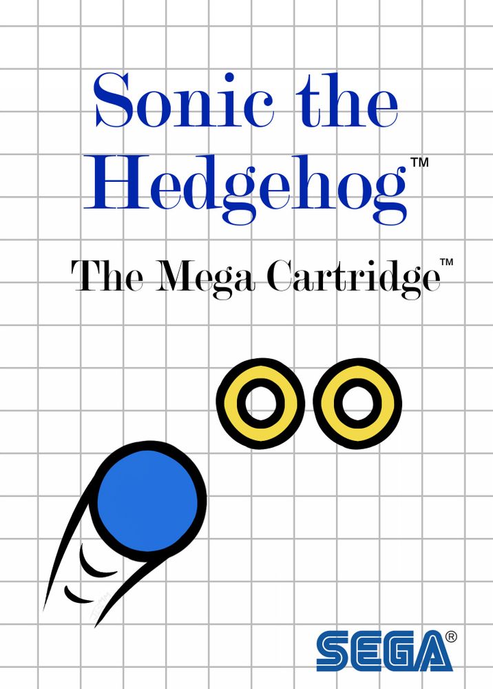 Another parody of bad Master System Box art, of Sonic 1 again but this time extra low-effort. Sonic, represented as a completely undetailed blue ball, jumps towards two rings.  That's it.