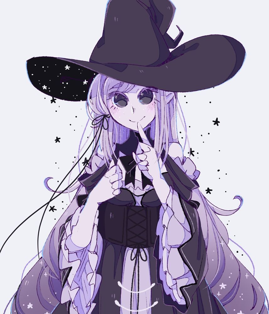 a halfbody drawing of my oc, Witchy. She is a witch with a monochromatic purple color pallet. She wears a big black witch hat, a black dress with light purple frills, and she has part of her hair tied with a long black string tied into a bow. She has a finger up to her lips, as if requesting the viewer to not reveal a secret.