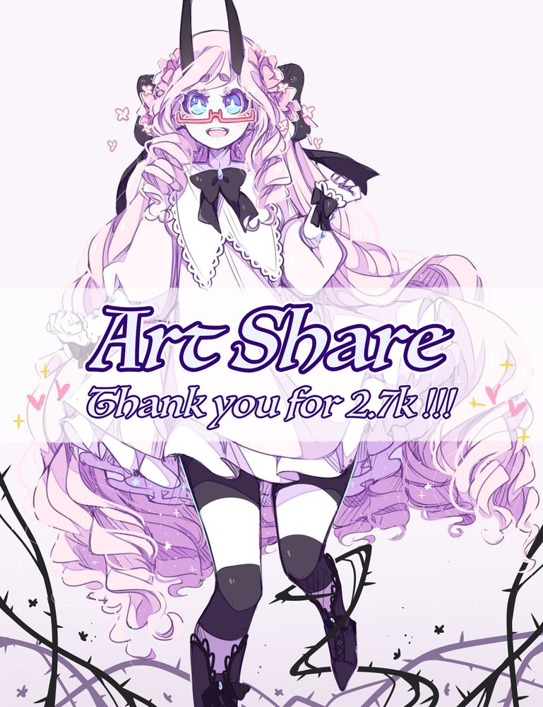 the banner image for this artshare. It features my oc Penelope, who is a demon girl with long pink hair and a pink dress. The text in front of her says "ArtShare" "Thank you for 2.7K !!!"