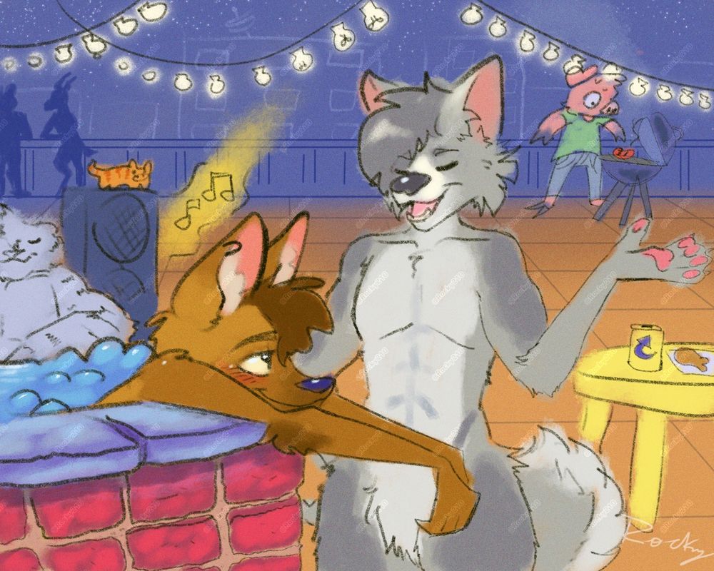 Digital furry drawing of a night rooftop party with a hot tub, barbecue tables, and a grill in the background. Several characters scattered around, with a focus on two gray and brown canine characters. 
