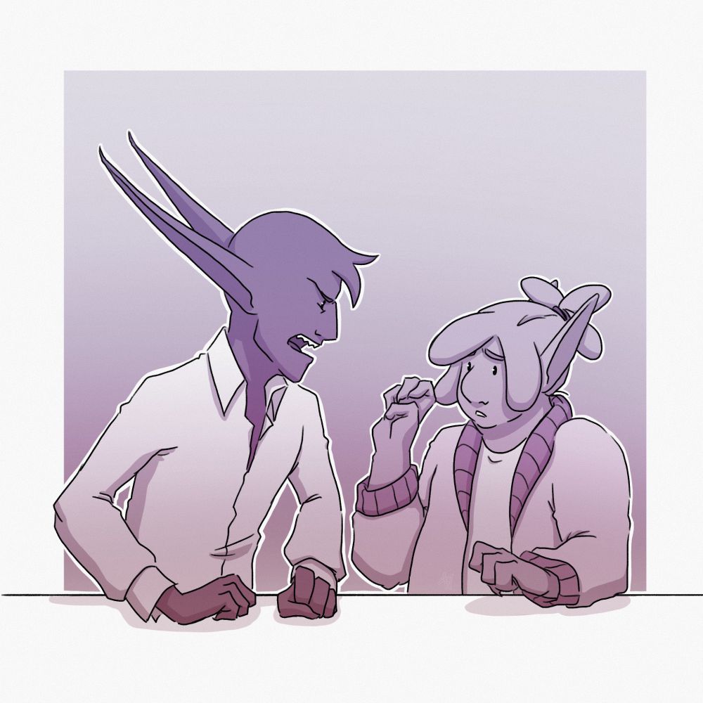 A digital illustration of two goblins sitting at a table. One has very long ears and a collared shirt that's partially unbuttoned. He's turned to fix the other goblin with an angry glare, both fists clenched in the table. The other goblin has loc-like hair and is wearing a loose cardigan. They're recoiling from the yelling with a confused expression. The entire image is colored in shades of purple with a red gradient rising up from the bottom.