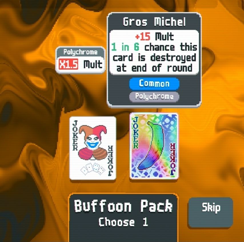 a screenshot of Balatro showing an opened Buffoon Pack containing a polychrome Gros Michel joker