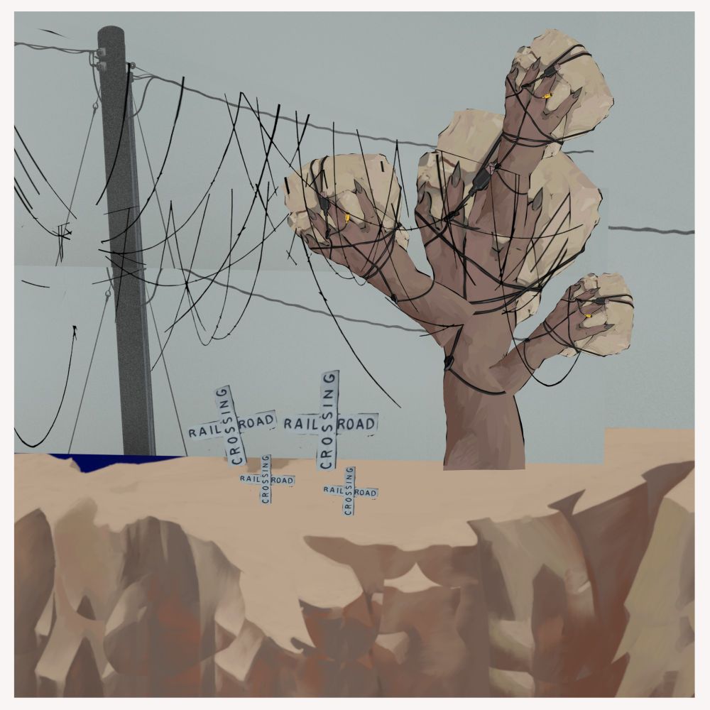 An image made up of my previously posted assets. This image is of a tree and telephone pole tangled with wires. Underneath the wires are four small crosses made of railroad crossing signs