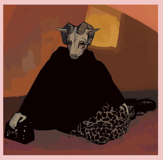 This image is another study from that same edition of Vogue. This one shows a beige sheep with its horns growing into its eyes. Its body is one black, triangular mass (a bulky sweater or some sort of top) spread on each end by the figure's hands. The hand on the left is falling over a shiny, leather bag and the other hand is resting on the figures legs. They're wearing black leather boots and cheetah print pants. The background is earthy reds and yellows, bordering on brown. 