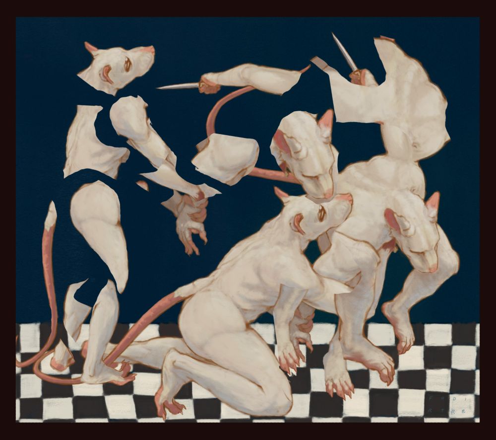 Two albino rats are in a knife fight. The one on the right is doubled over while the one on the left stabs it in the stomach. The pieces of the rats are then taken apart and pieced together on top of the image. There is a checkered floor and a prussion blue background