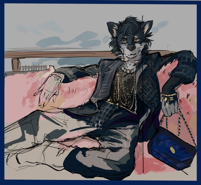 A third study from that same edition of Vogue. This one shows some sort of anthro dog wearing a navy tweed pants and matching blazer. The figure is wearing many gold necklaces and bracelets and is holding a deep, royal blue handbag with a quilted leather texture. The study is much looser than the others, leaving much of the legs and one hand unfinished. The figure is sitting on a pink, fuzzy sofa with a backdrop of gray skies and mountains. They seem to be on a sort of deck or balcony. 
