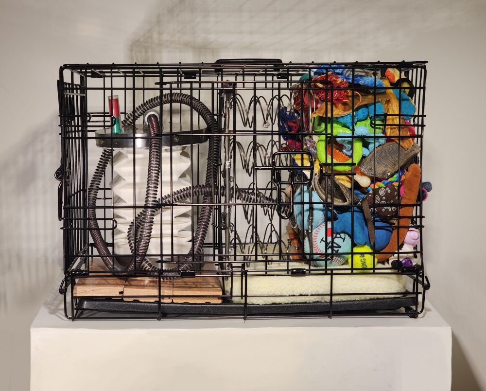 An image of a found object sculpture. There is a dog cage separated into two parts. The left side has hardwood flooring and a large, faux-leather bellows with a long breathing tube attached to it. The tube crosses over into the other side (through a square of mattress springs) and into a tightly packed mass of colorful dog toys.