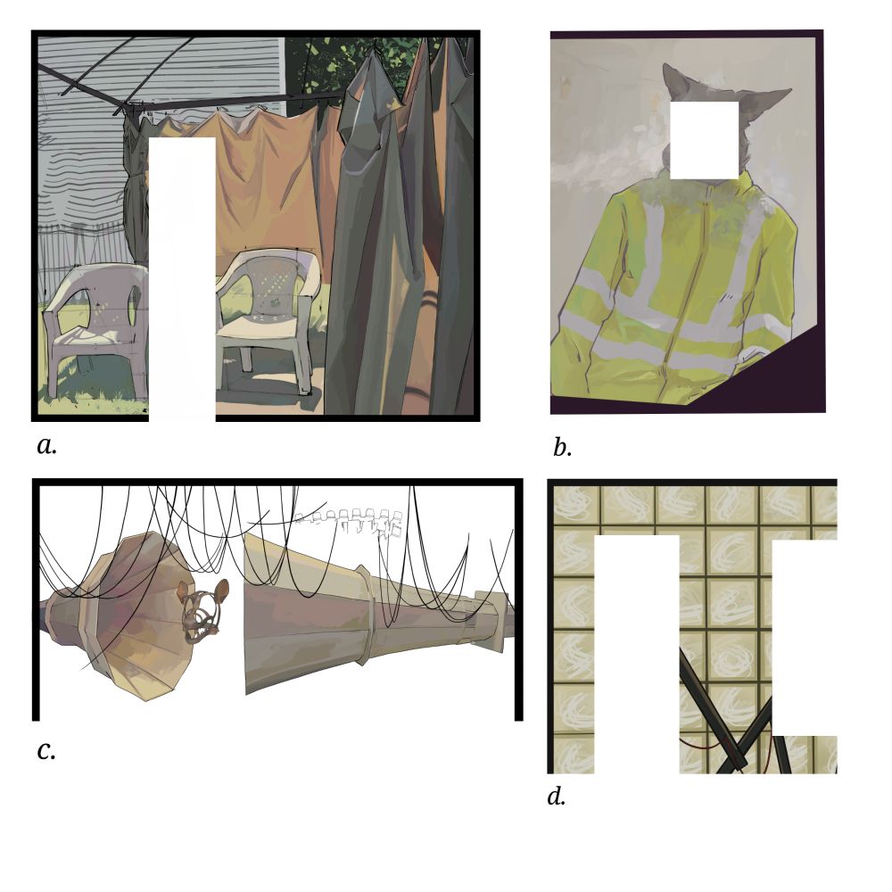 Four pieces of deleted images, cropped and edited to be only the parts I like. The images are: a background of chaira and curtains; a wolf in a high visibility jacket; a shame mask between two large horns, glass block window seen from the outside at night.