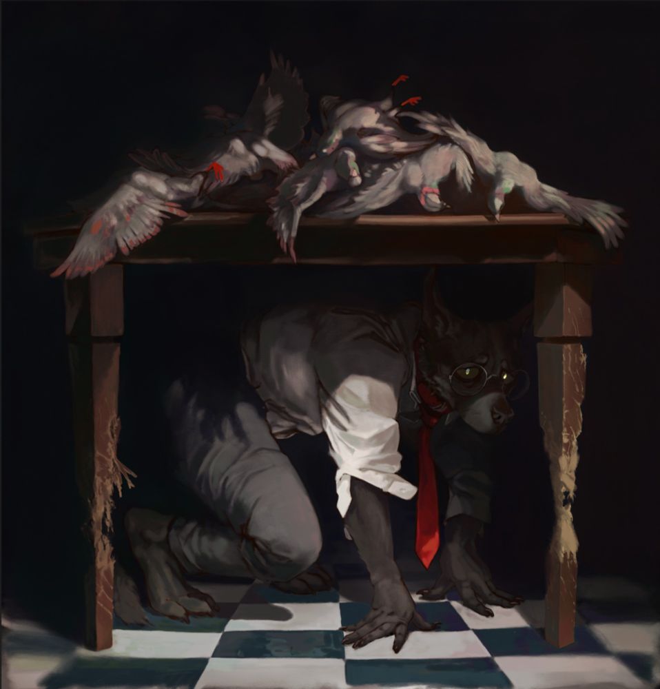 This is a very dark, very high contrast digital painting of a werewolf hiding under a table. The wolf is wearing a white dress shirt with a red tie and gray pants. They're partially lit from above, showing that they're hunched on all fours. There are several dead birds piled on the table top above. Their gray feathers are streaked with orange and green. The wolf's eyes are lit up a bright yellow-green, reflecting the light of the room back at the viewer. The legs of the table are also chewed through, leaving the table only supported by a few small pieces of wood. The white and green check floor gets fuzzy as it reaches the edge of the picture. 
