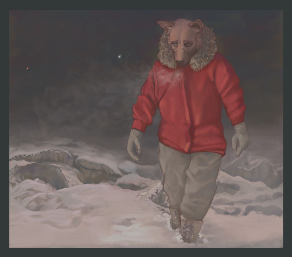 The landscape is a cold, dry, snow-filled tundra at night. There is a single figure, a brown anthropomorphic dog, walking through ankle deep snow. He is wearing a thick, red parka with a fur-lined hood and gray snowpants and gloves. His breath is visible and is blown leftwards in front of two stars, Antares and Sirius.