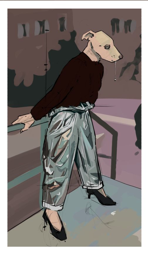 This image is a study of an image in the September 2021 issue of Vogue magazine. There is an anthro dog leaning back against a railing. It's wearing baggy, metallic silver pants with black pumps and a brown sweater. The figure is spitting on the ground, leaving a long string of saliva. There are lines and markings from me sighting and measuring the proportions of the figure. 
