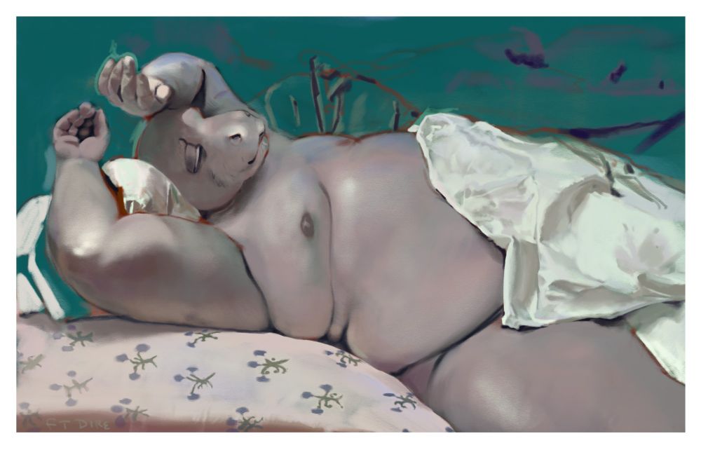 An anthropomorphic manitee is reclining on a bed. Their hands are stretched above their head and they appear to be nude. The only thing covering their body is a white bedsheet that rolls over their lower torso like a wave crashing. The background is a deep teal with abstract lines hinting at more bedding or approaching waves. 