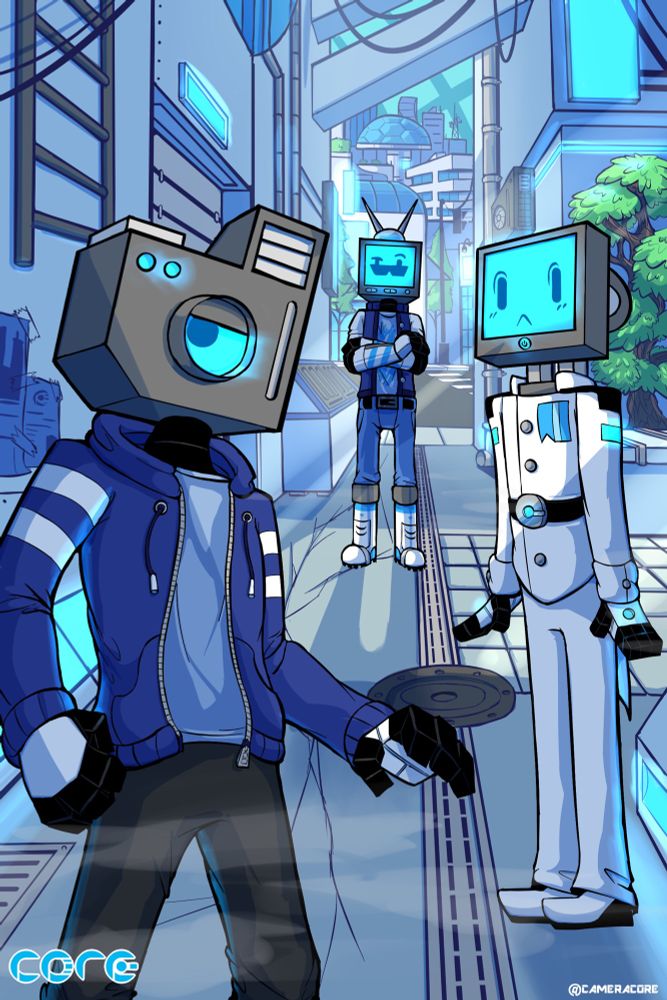 Cameron, Telly, and Comhas standing in an alley in CORE Visite, looking towards something in front of them 