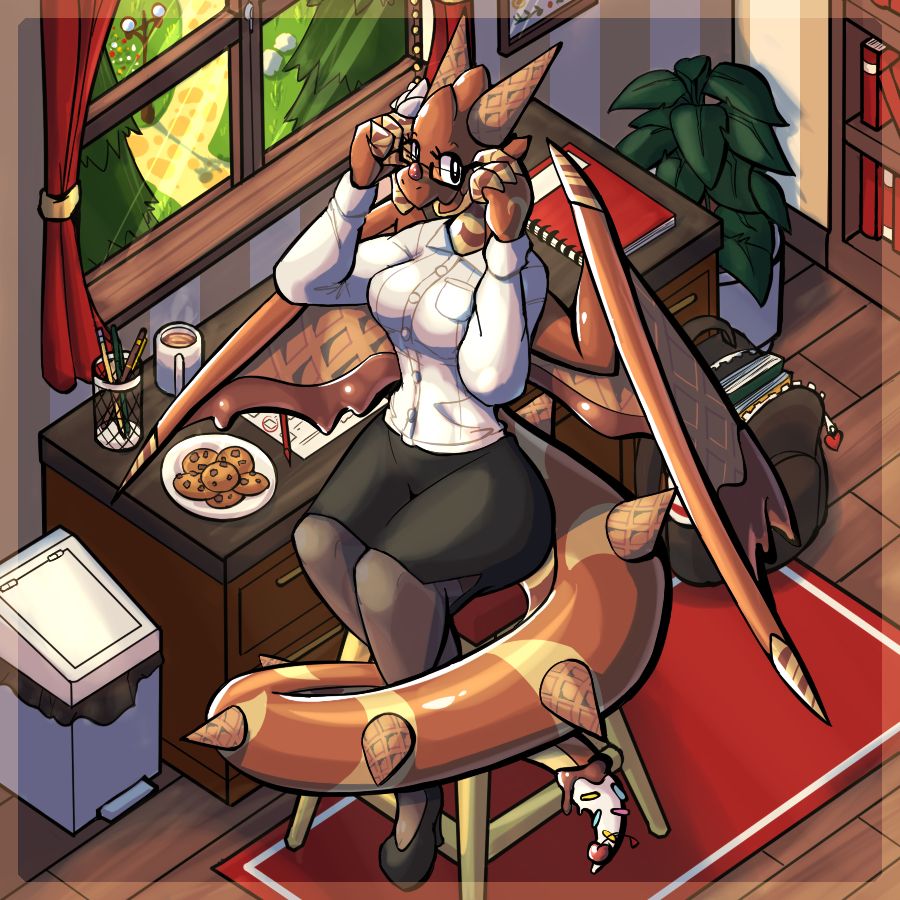 Twikinzy sitting in a room ready to help with homework. There's a plate of cookies and a mug of hot cocoa too!