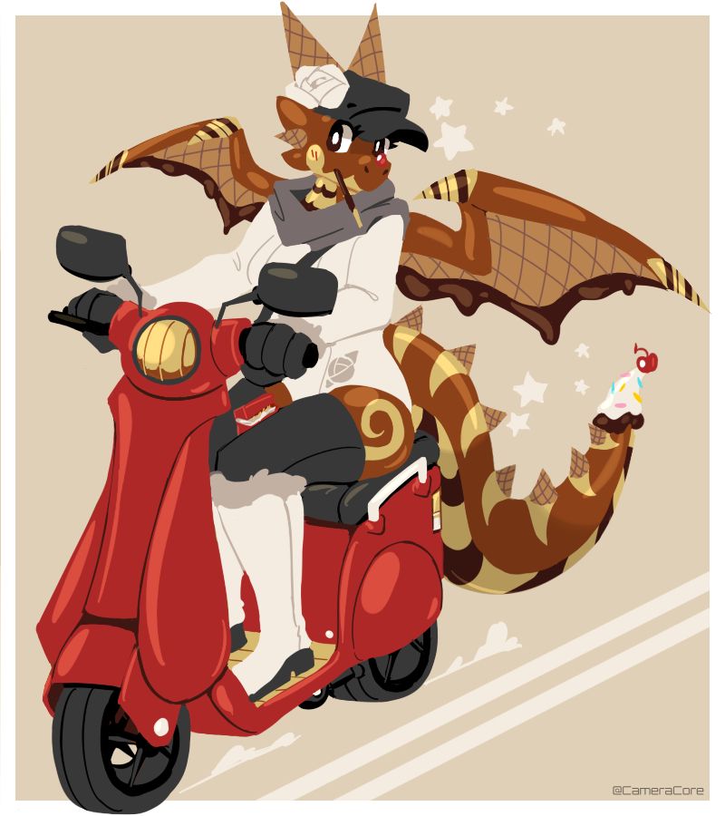 Twikinzy riding a moped while eating Pocky