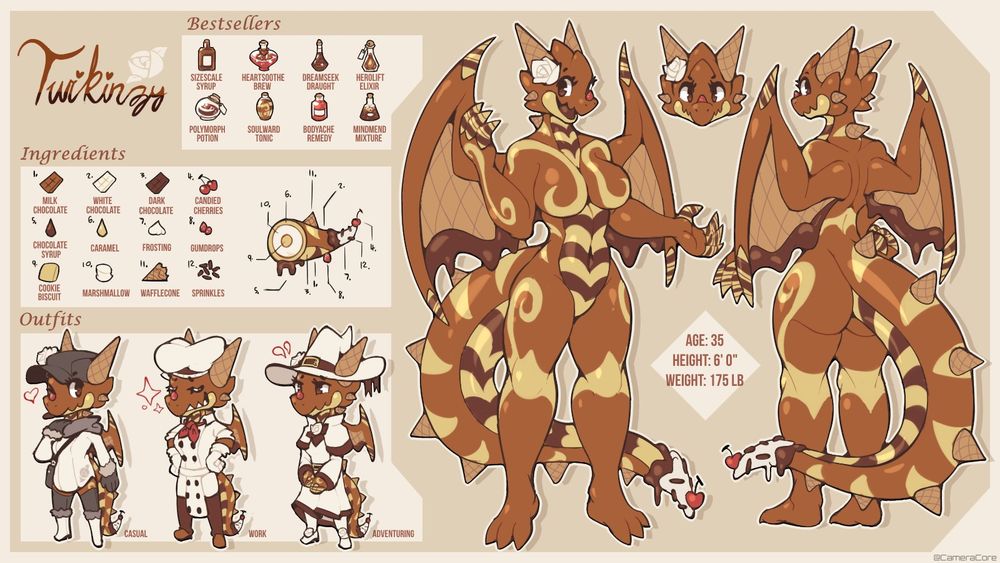 Refsheet of my chocolate dragon character, Twikinzy