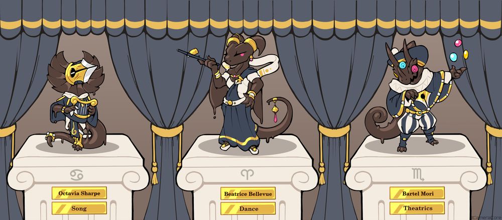 Pedestals with Ink Kin characters on them:
Performing Arts
Song - Octavia Sharpe - Frilled Lizard
Dance - Beatrice Bellevue - Gliding Lizard
Theatric - Bartel Mori - Chameleon