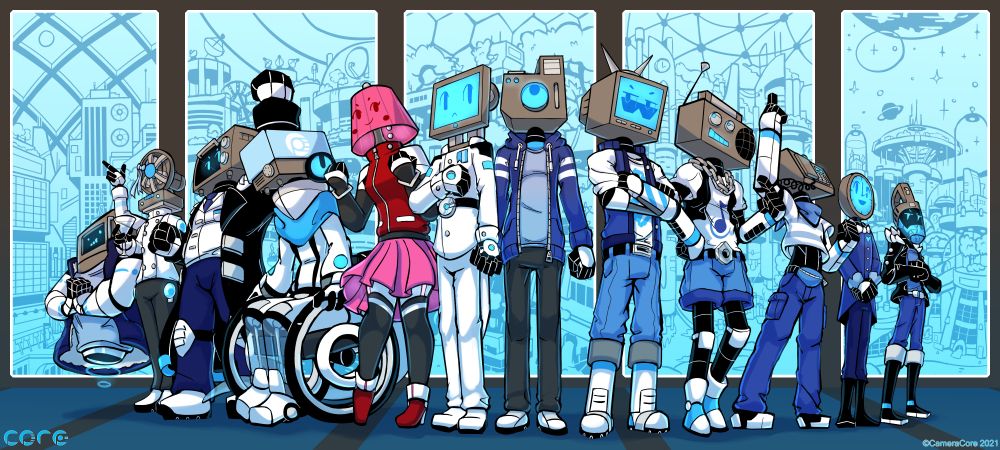 Line up from left to right of Friedrich, Fandice, Owen, Gene, Lamantha, Comhas, Cameron, Telly, Radison, Telence, Clark, and Vacille posing in front of portals to CORE Visite, CORE Audear, CORE Palste, CORE Olfell, and CORE Tactou