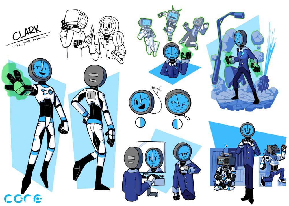 Reference sheet of my clock object head character, Clark Shou