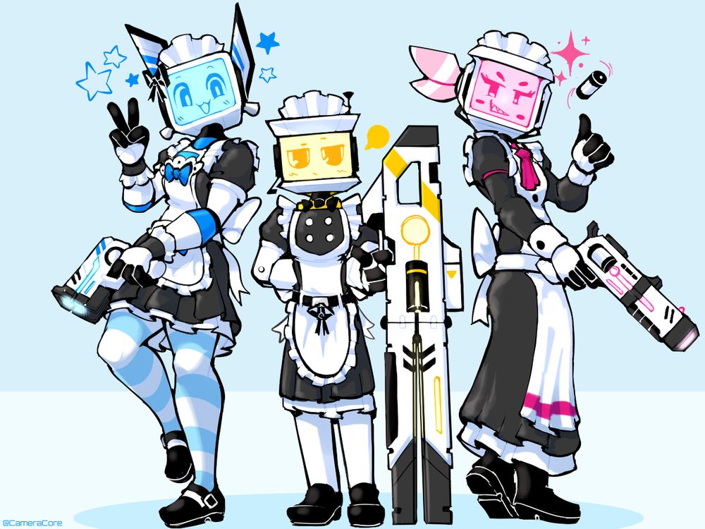 Camelot, Ampersand, and Avalon in maid outfits posing with their weapons
