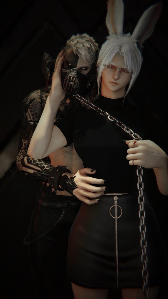 Ilya is pulling Rex by the chain closer to them and caressing his face.  Rex is muzzled, hand on Ilya's waist, leaning over their shoulder. They're both facing the camera with serious expressions.