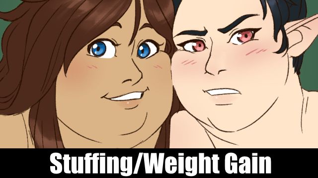 Two chubby women, squishing their faces together cheek to cheek. One a tan human, the other a pale elf.