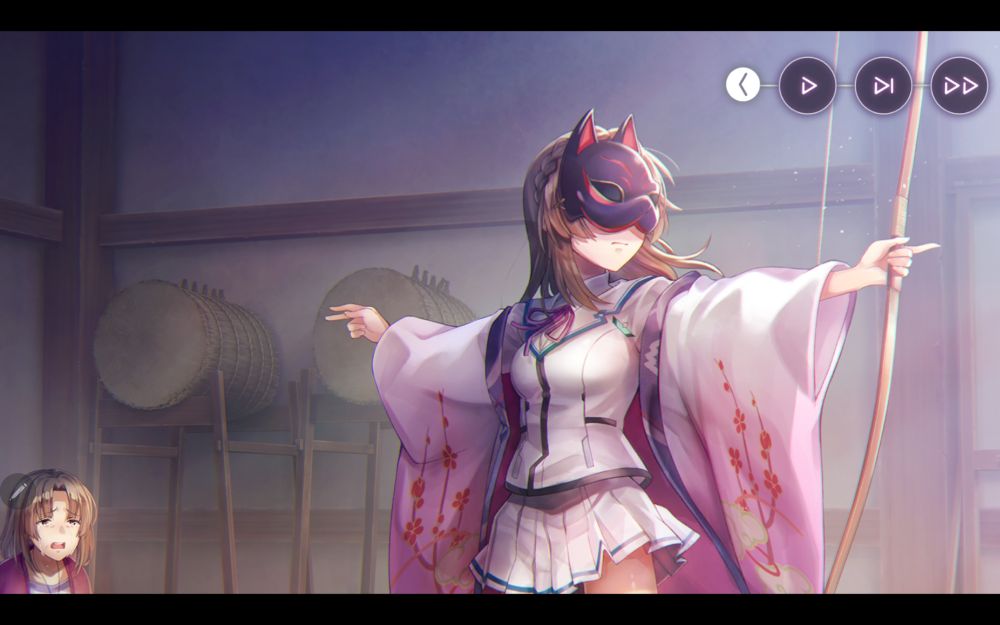 Screencap from the game Heaven Burns Red.  Miya Kiryu shooting an arrow in the style of kyudo 