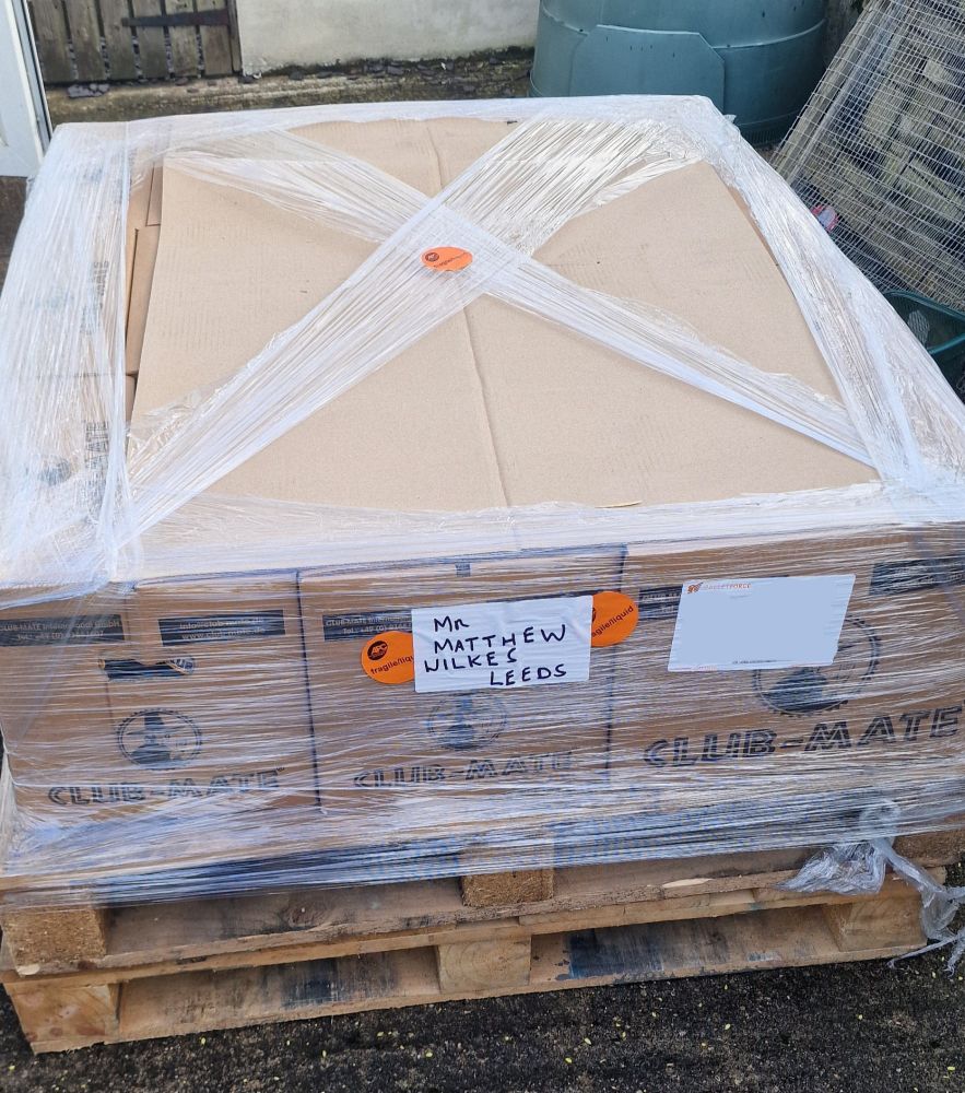 A pallet containing 10 cases of club mate