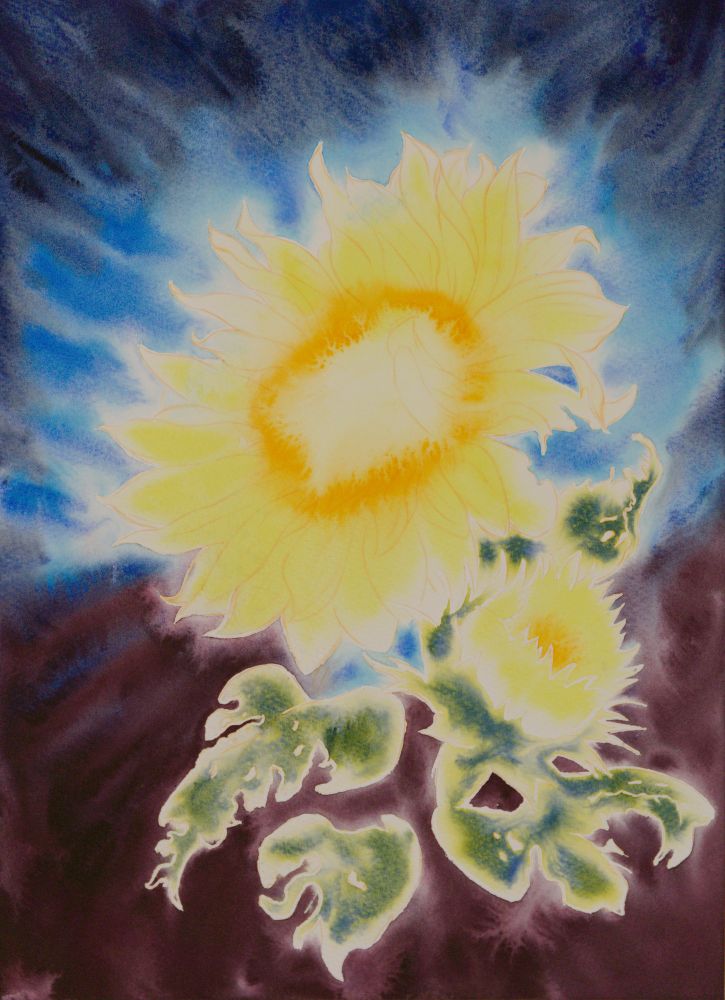 The first layer of a watercolor painting of a yellow sunflower. It is streaming with light surrounded by the vivid blues, and suppressed by dark purples and greys as a vignette; its leaves are distressed.