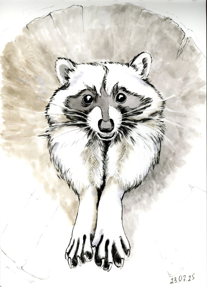 An ink drawing of a mischievous raccoon inside the tree log with his paws stretched out.