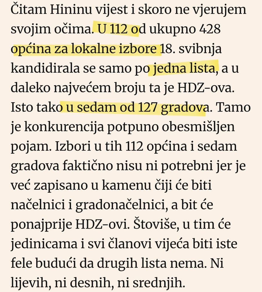 U 112 od 428 općina i 7 od 127 gradova za lokalne izbore 2025. kandidirala se samo jedna lista - uglavnom HDZova. Eto zašto uvijek HDZ i zašto nikad reforma jedinica lokalne uprave. 