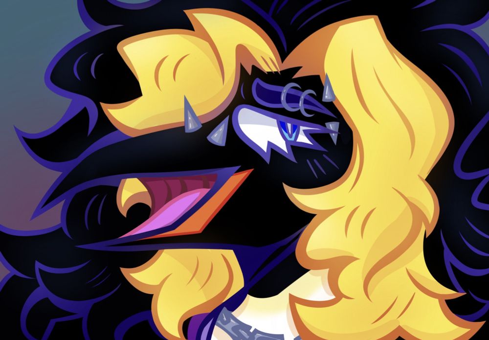 An emperor penguin OC with very big floofy black hair with yellow streaks in the front, blue eyes, multiple facial piercings, and a chain necklace looking very smug with his mouth open.