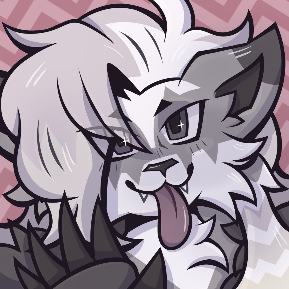 An Obstagoon pokesona waving with its tongue out on top of a pink zigzag background.