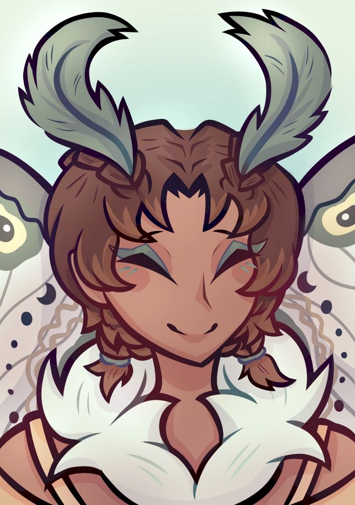 A smiling brown haired moth girl with green antennae, light green floof around her neck, and mostly green wings with all sorts of patterns on them.