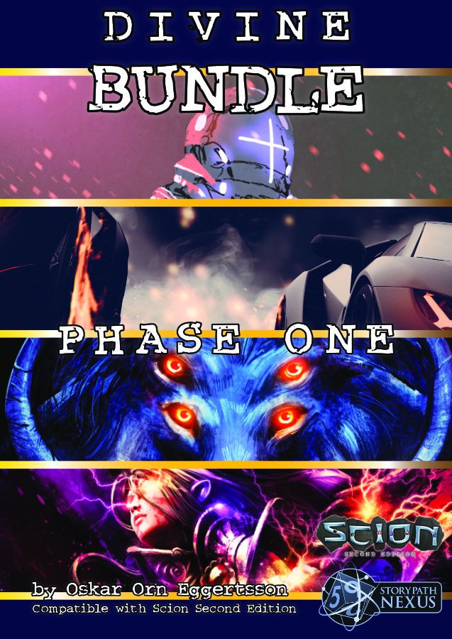 Cover for Divine Bundle: Phase One for Scion Second Edition. The cover is a collage of the four titles included in the bundle; Divine Armory, Divine Garage, Divine Menagerie, and Divine Reliquary.