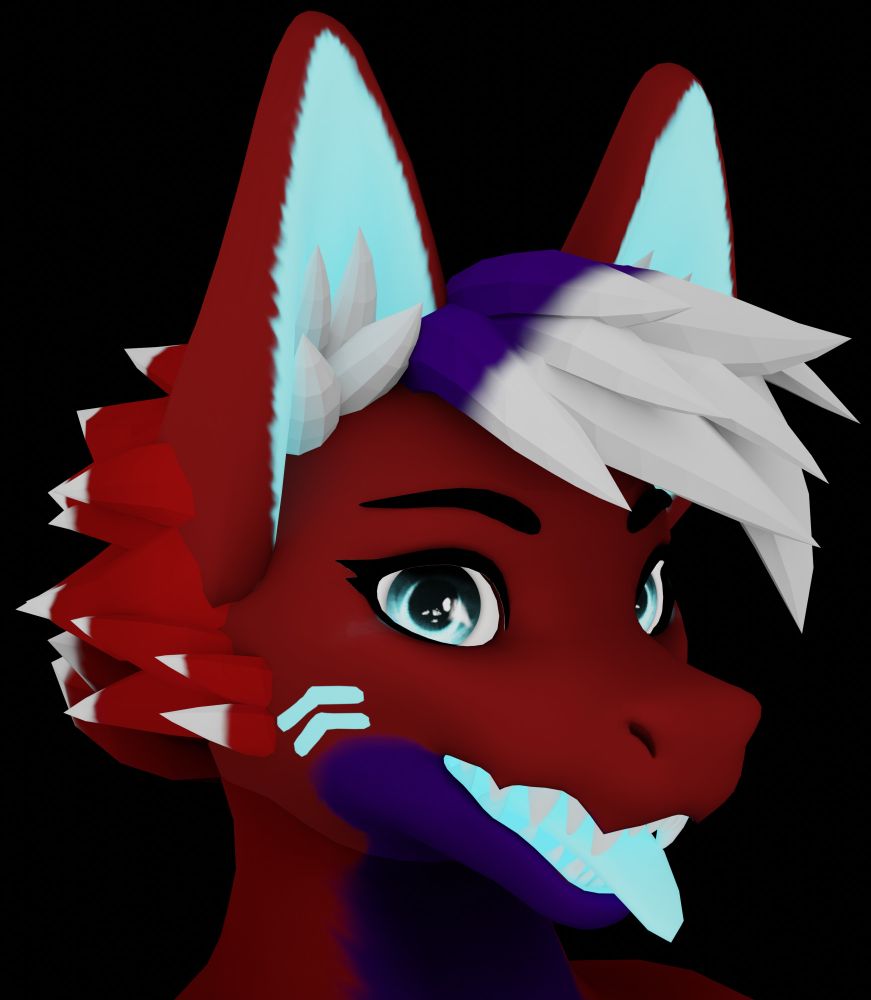 A head-shot of a red and purple Mamagen with light blue markings. The insides of her ears and mouth glow the same light blue. Her lower jaw is entirely purple, while the upper part of her face is red.