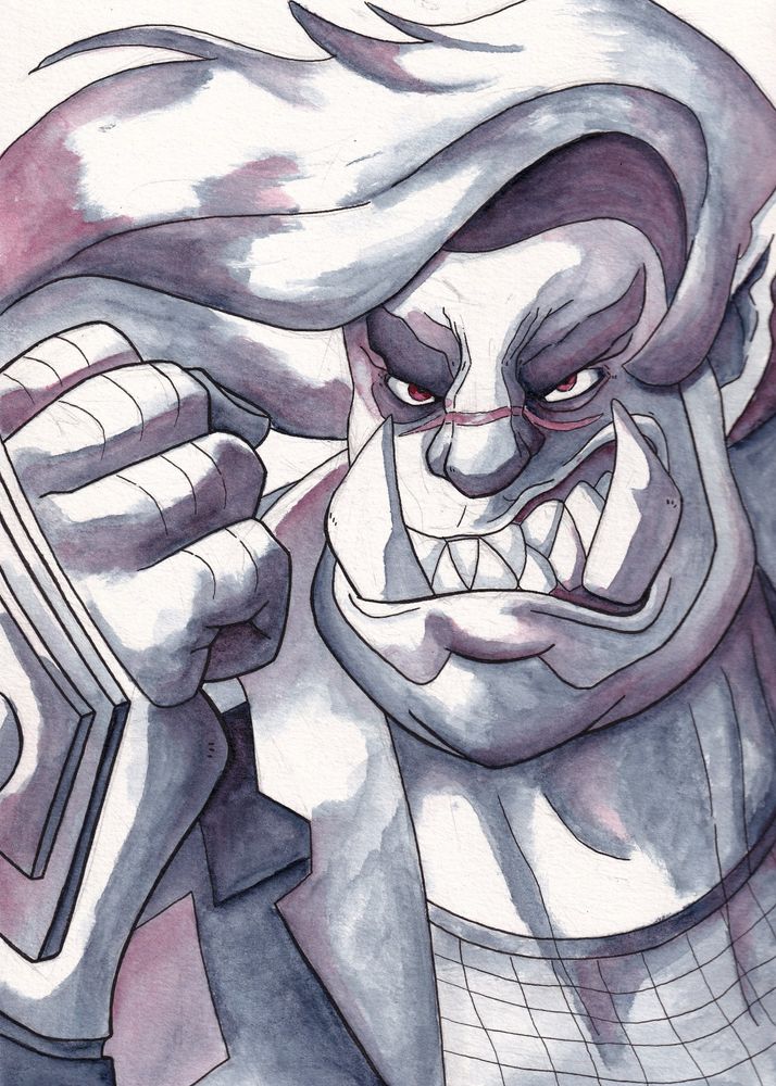 A traditional watercoloured portrait of an orc from D&D. He has long, flowing hair, a big, toothy grin, angry brows, and is brandishing a balled fist towards the camera. He is wearing a fishnet shirt underneath a black leather jacket. The colour scheme is dark greyish blue with speckles of red.