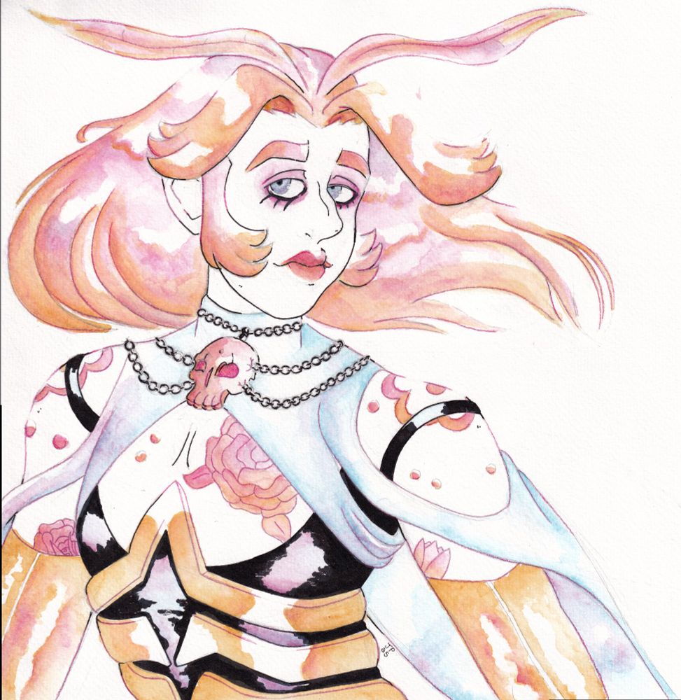 A traditional watercolour illustration of Forrest, an original character by Blusky user DearBones. It depicts a character with bug-like elements, drawn with traditional medium.