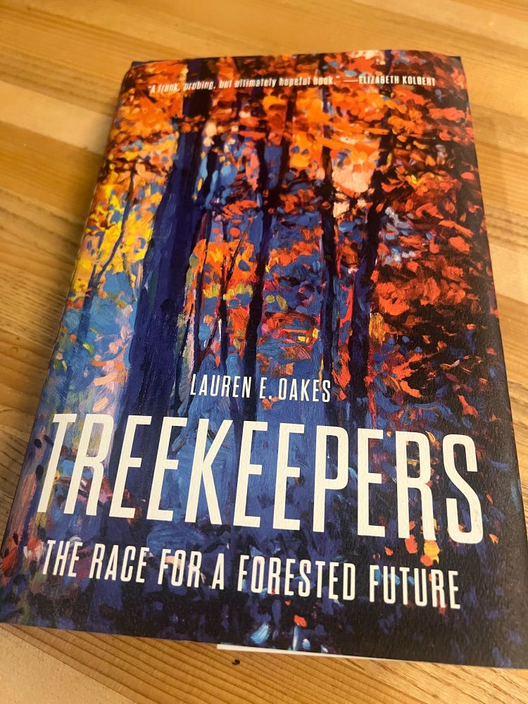 Cover of the book “Treekeeper: the race for a forested landscape” by Lauren E. Oakes that shows dark blue tree trunks and orange leaves. 
