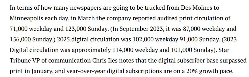 A screenshot clip of From Adam Platt's Twin Cities Business Mag's article about the Strib closing their print facility. First, the weekday print circ is about 71,000 (low but still better than I thought) and the weekday digital is 102,000, that's really not ideal, really speaks to their digital sub struggles. Sunday print circ is about 123,000. The Strib VP gives a helpful and unlikely positive spin on the numbers. 