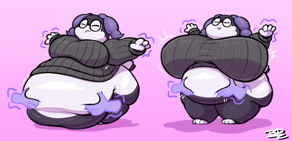Turtle (Indeedee) using her psychic powers to conjure up a pair of magical energy hands. They push into her tummy, causing the weight to redistribute into her breasts. She's very proud of herself for coming up with that one.