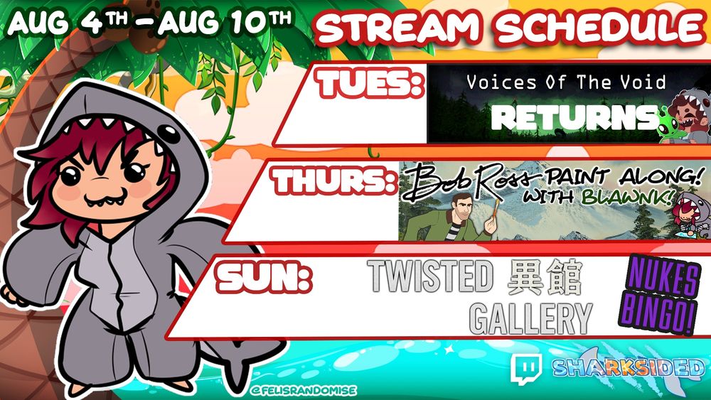 TUES: I'M BACK! | Artfight Overview & VOTV RETURNS!👽

THURS: Join me & @blawnk.com for our Bob Ross Guided Art Stream!🏞🎨 

SUN: SPOOKY SUNDAYS RETURN! + Bingo! 👻