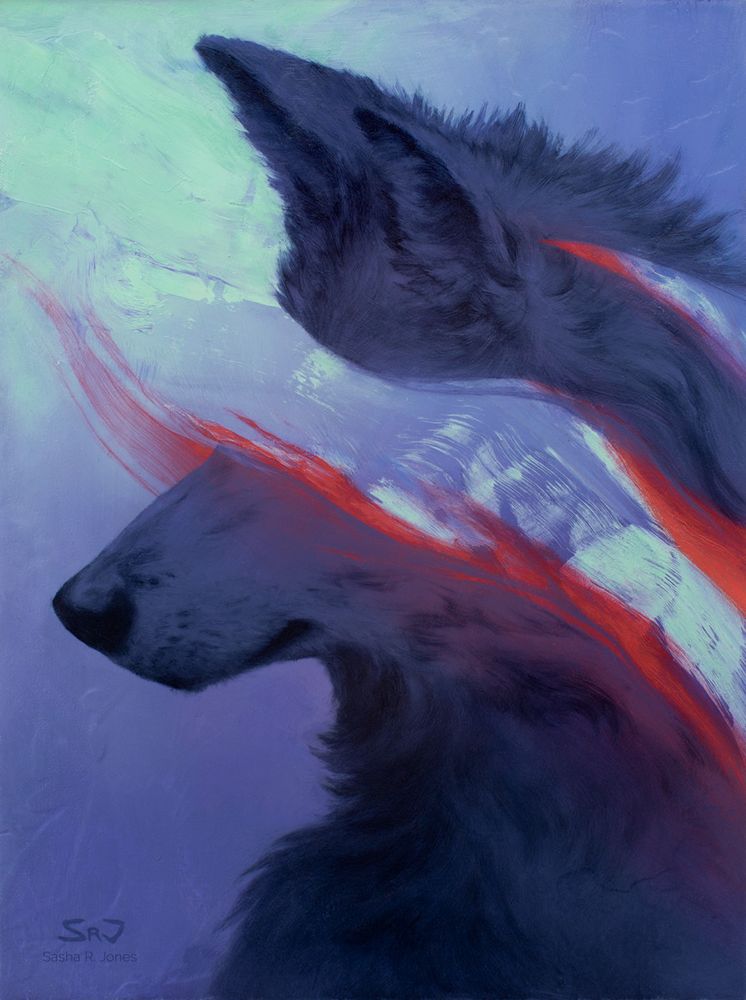 An oil painting of a wolf in profile, in blue-grey. The wolf is realistically rendered, but a swath of paint has been wiped out, so that a section of the head including the eyes are missing, instead revealing an abstract background. Red brush strokes line the edges of the missing area behind the wolf.